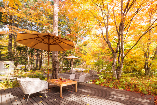 軽井沢ホテルブレストンコートラウンジ 秋のテラス