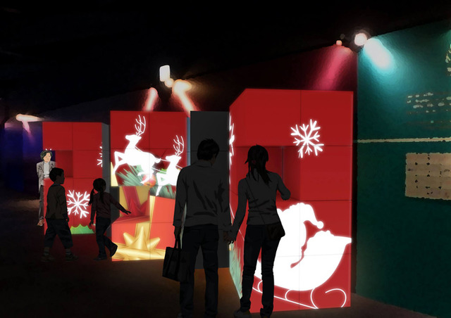 並排在相模灣大水槽2樓通道中的不可思議映像立方體上,馴鹿的雪橇登場