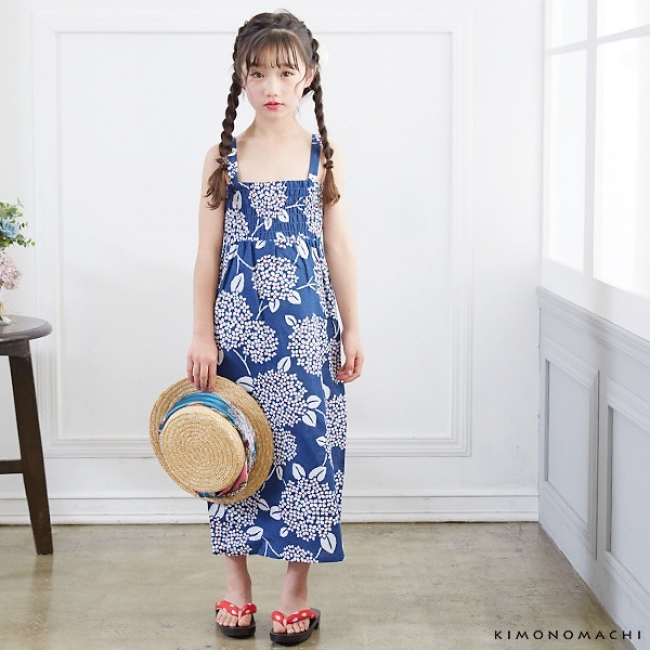 KIMONOMACHI 2020兒童浴衣 深藍紫陽花洋裝穿搭