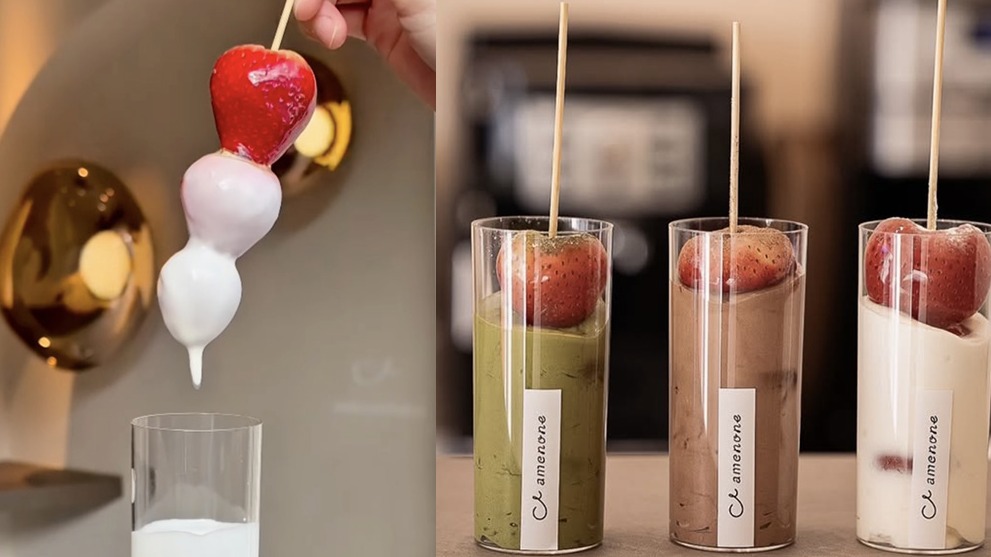 京都蘋果糖專賣店「フルーツ飴STAND amenone 」，推出創新吃法：草莓糖葫蘆沾醬？