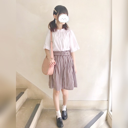 可愛巧克力色腰帶格紋及膝裙