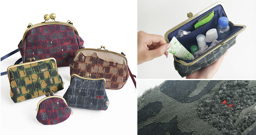 毛絨絨貓緹花布口金包