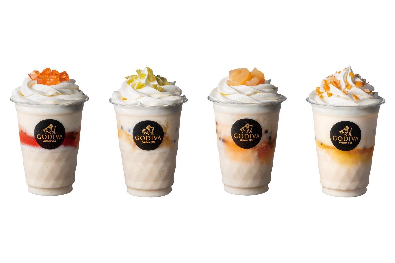 GODIVA 47 巧克力飲 標準尺寸各270ml 各800日圓 由左至右) 栃木、群馬、山梨、新潟