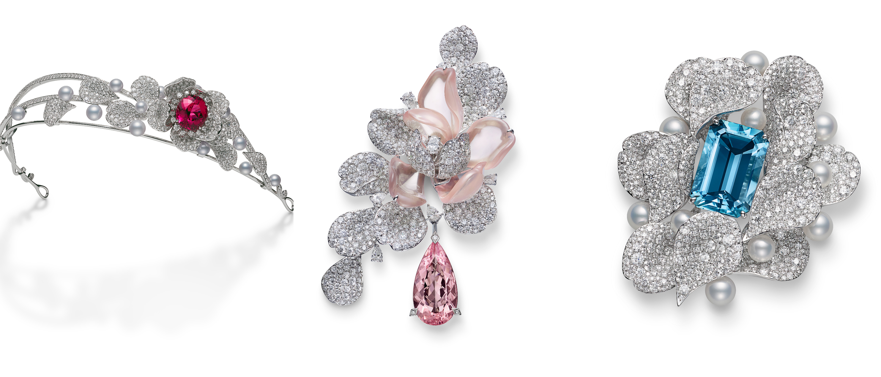 Les P&eacute;tales碧璽珍珠造型頭飾、Les P&eacute;tales摩根石造型胸針、Les P&eacute;tales海水藍寶珍珠造型胸針