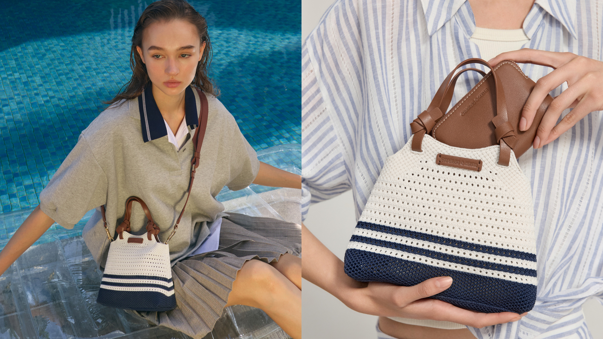 CHARLES & KEITH Ida條紋編織托特包