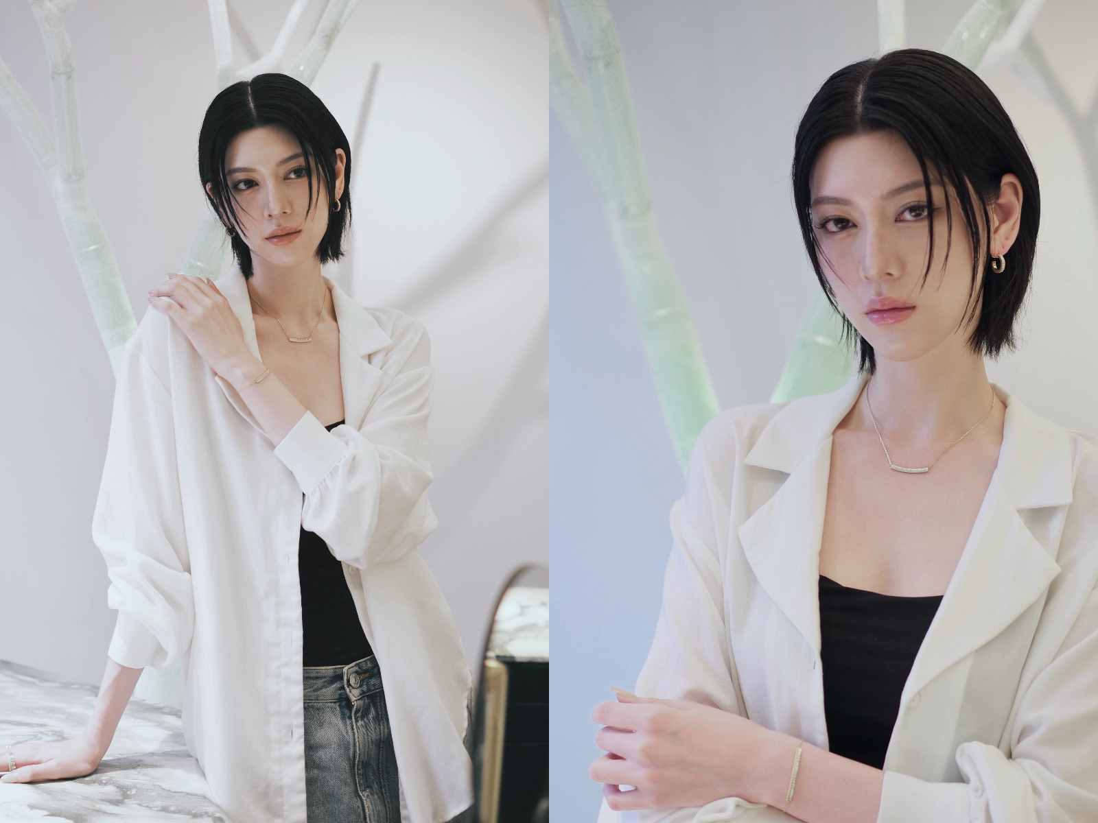 三吉彩花穿搭:白襯衫+牛仔褲