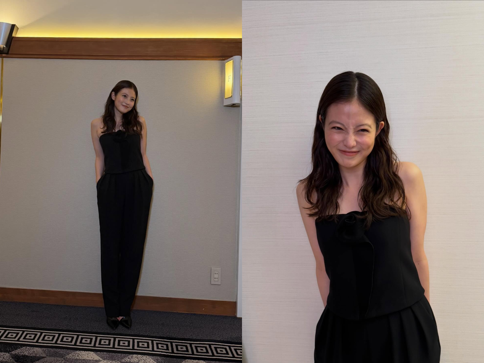 今田美櫻穿搭：全黑平口套裝