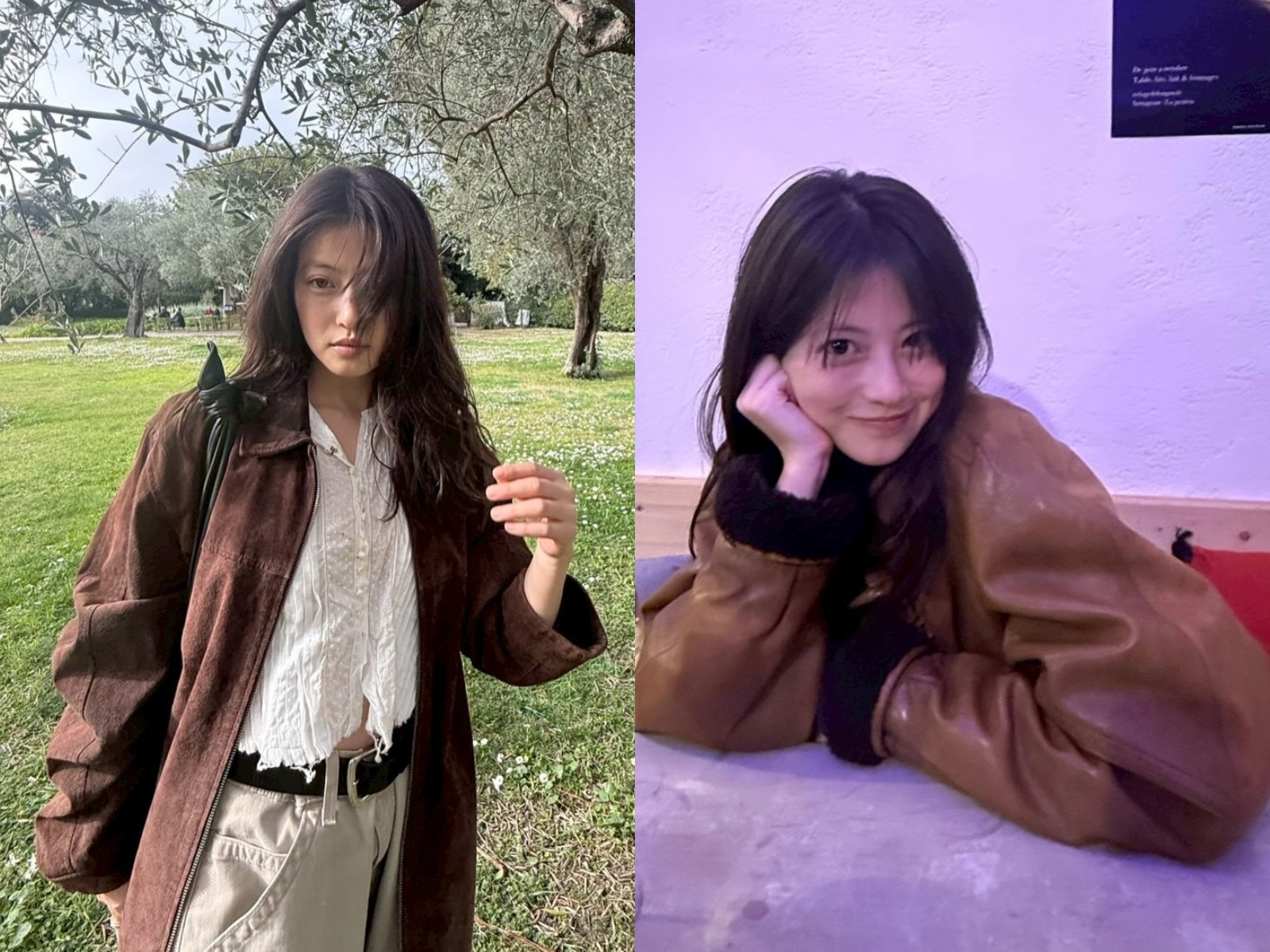 今田美櫻穿搭：復古棕色皮外套＋白襯衫