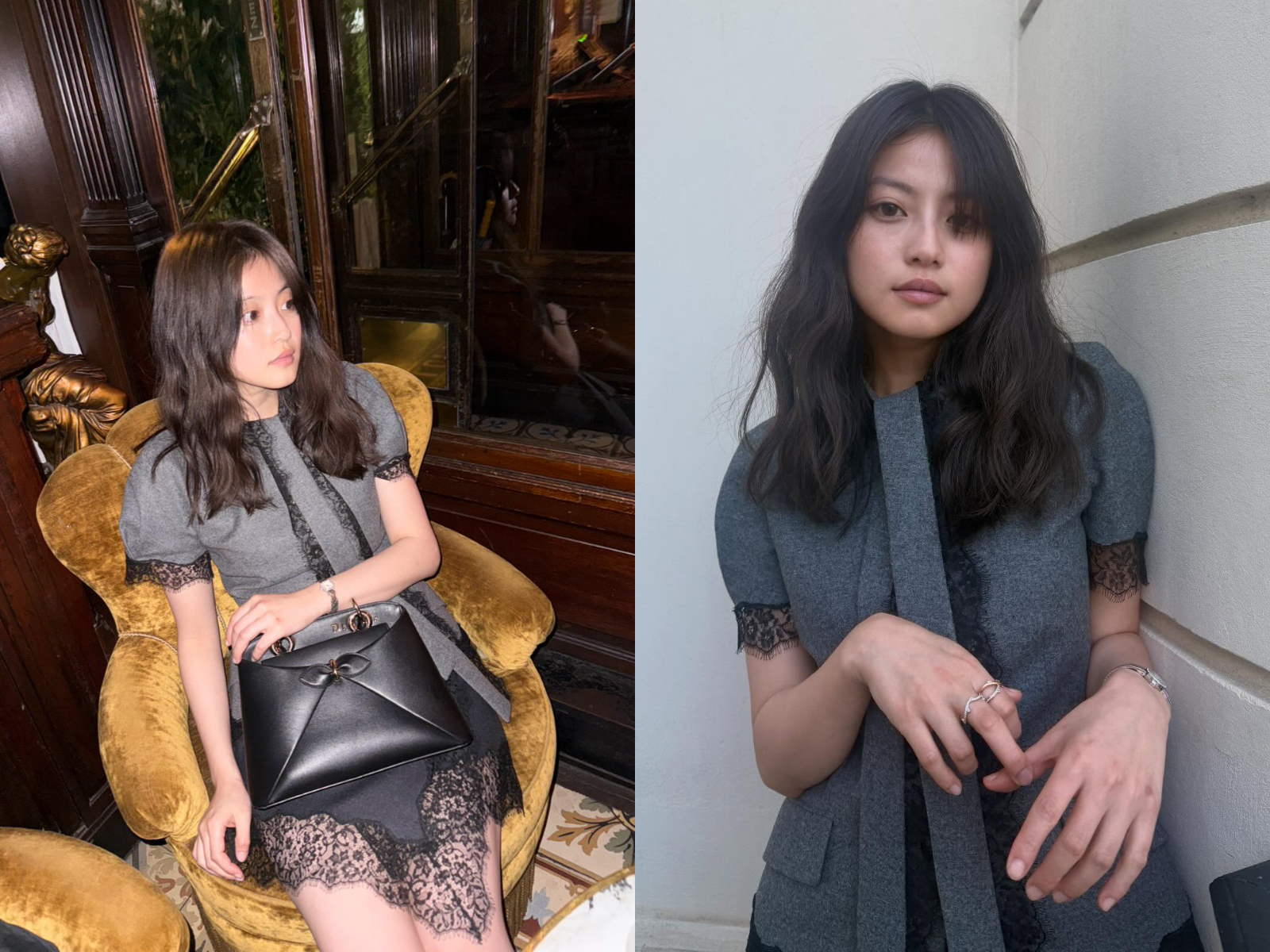 今田美櫻穿搭：灰色蕾絲洋裝＋黑色精品包